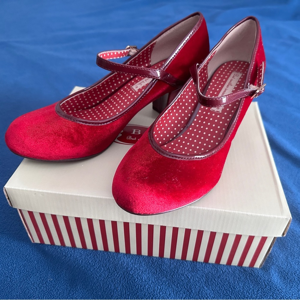 BAIT Footwear 40's style red velvet Rhonda Mary Jane heels, size 9
